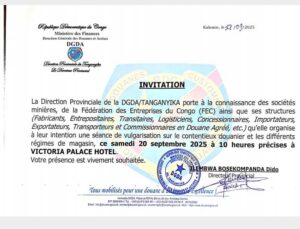 Lire la suite à propos de l’article TANGANYIKA : La DGDA invite les opérateurs économiques à une séance de vulgarisation sur le contentieux douanier ce samedi 20 septembre à l&rsquo;Hôtel Victoria Palace.