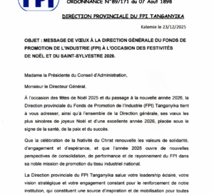 FPI Tanganyika : Message de vœux à la Direction générale pour Noël 2025 et le Nouvel An 2026.